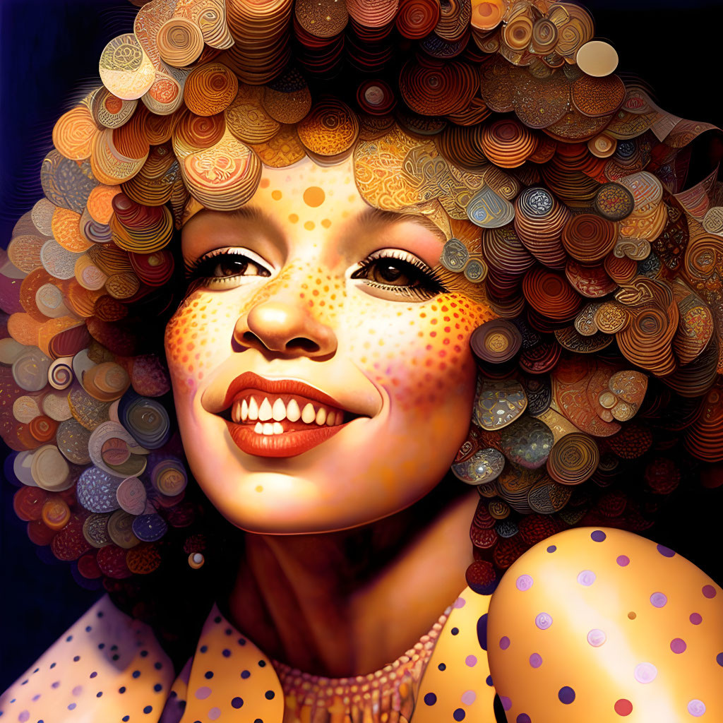 Colorful digital art portrait of a smiling woman with curly hair on dark background