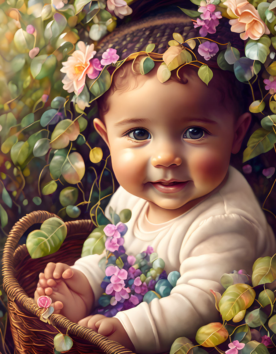 Smiling baby with dark hair in basket surrounded by greenery and flowers