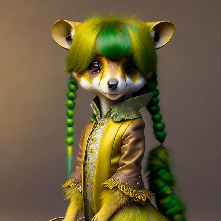 Anthropomorphic creature with meerkat face, green hair braids, yellow and brown renaissance