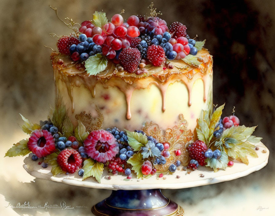 Luxurious cake with yellow icing, fresh berries, and fruits on ornate stand