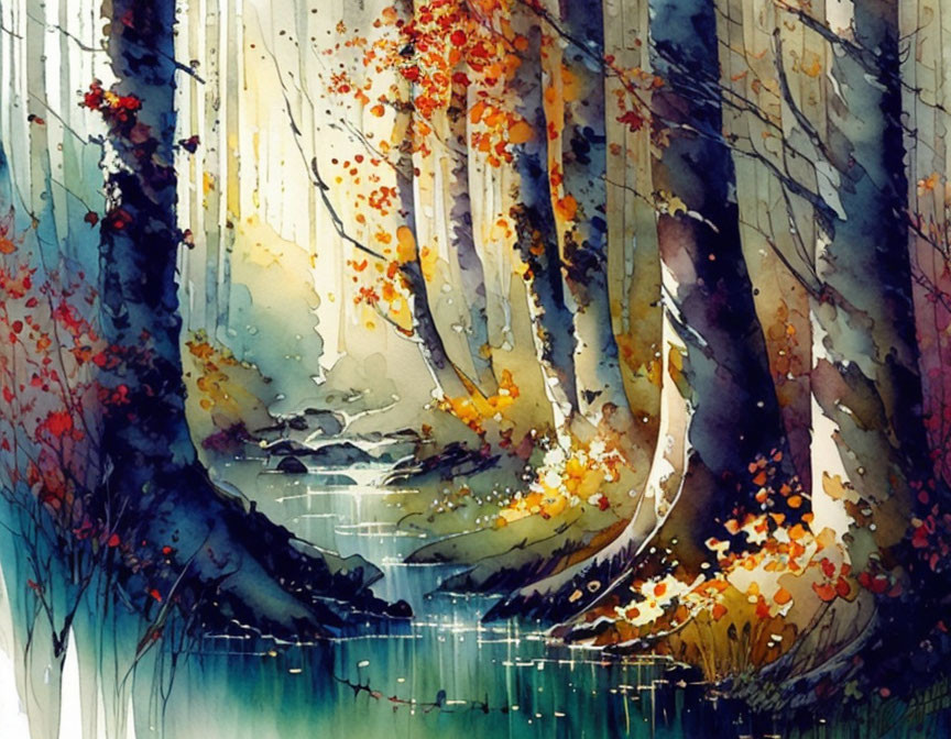 Vibrant Watercolor Painting of Ethereal Forest Scene