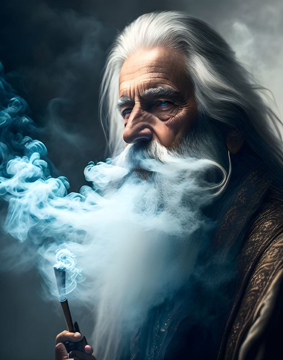 Elderly man exhales blue smoke with smoldering pipe on dark background