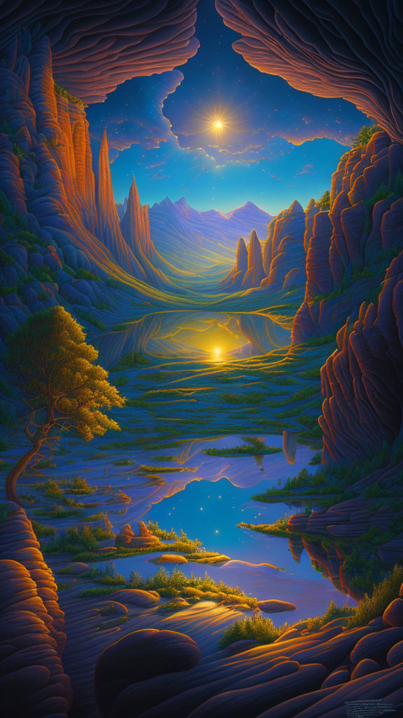 Surreal landscape with cliffs, river, starry sky, and celestial body