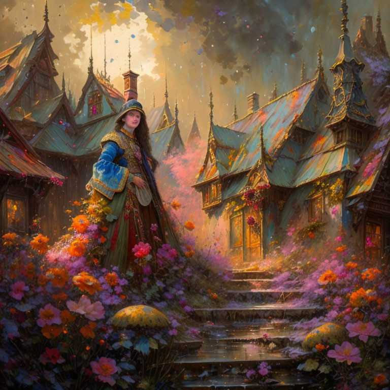 Medieval woman in fantasy village with enchanting cottages and lush flora