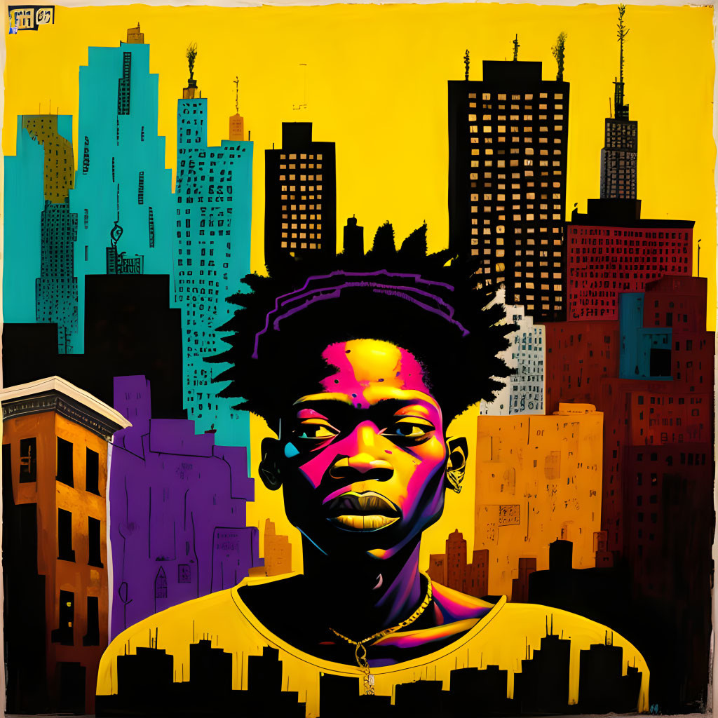 Colorful portrait with afro against cityscape backdrop on yellow background