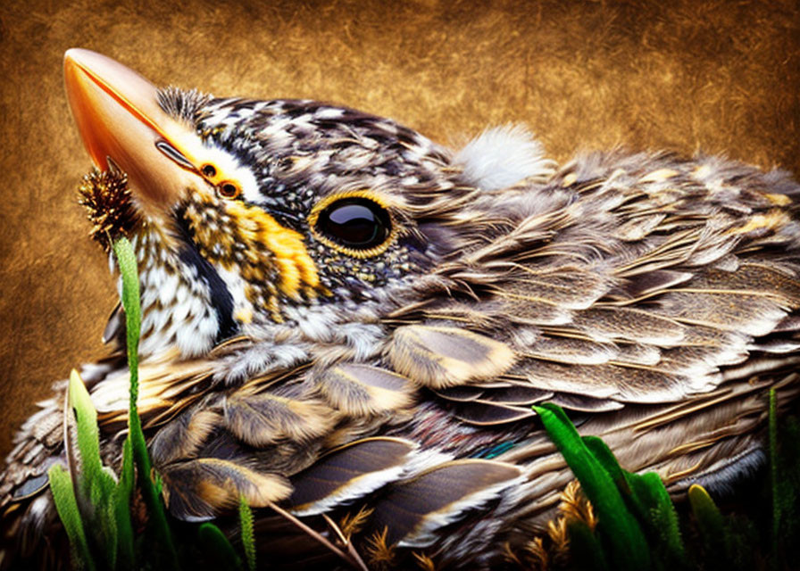 Brown speckled bird with sharp beak and bright eye on textured background