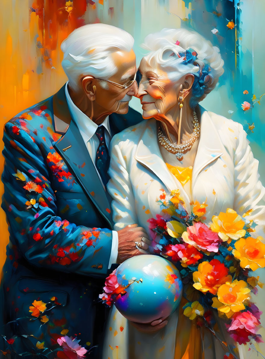 Elderly couple embracing in elegant attire against vibrant backdrop