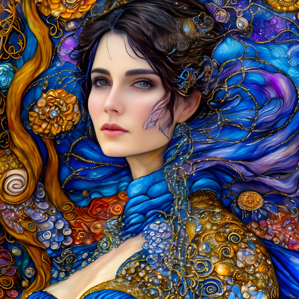 Detailed artwork: Woman in deep blue and gold attire with swirls and floral patterns