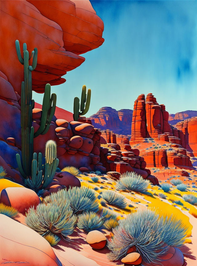 Vibrant desert landscape with red rock formations and cacti