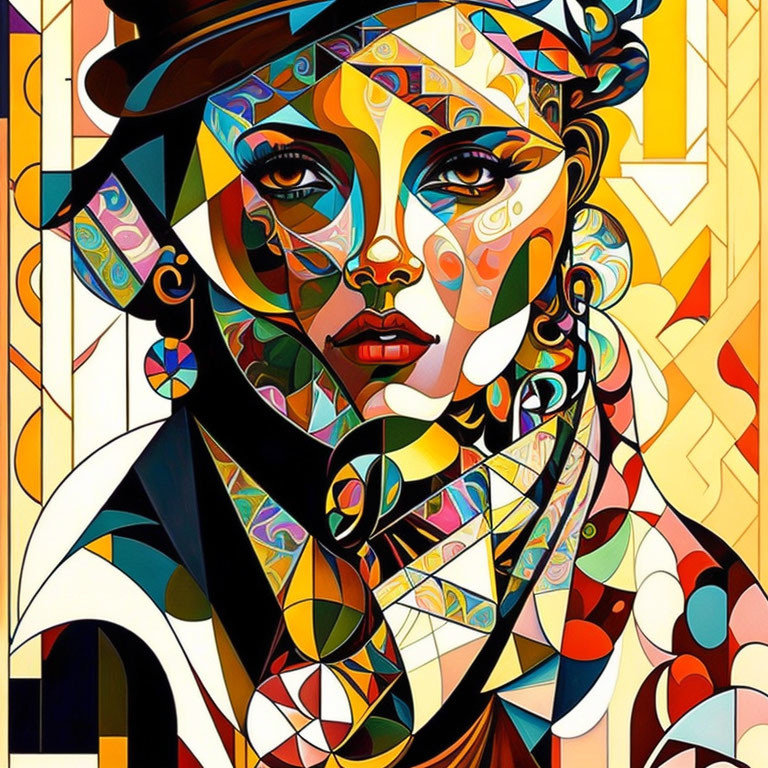 Colorful abstract portrait with geometric patterns and bold shapes