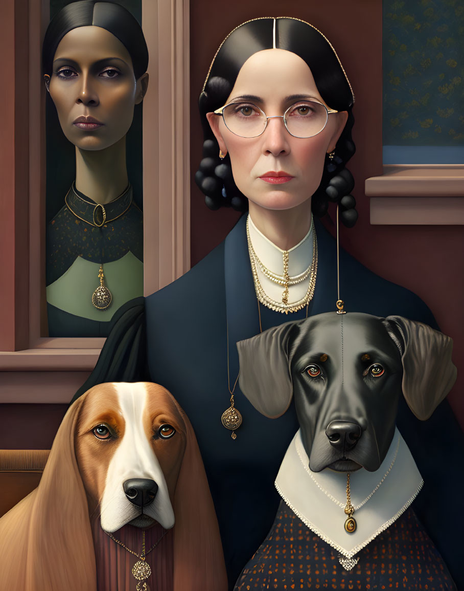 Stylized portrait of two women with beaded accessories and dogs