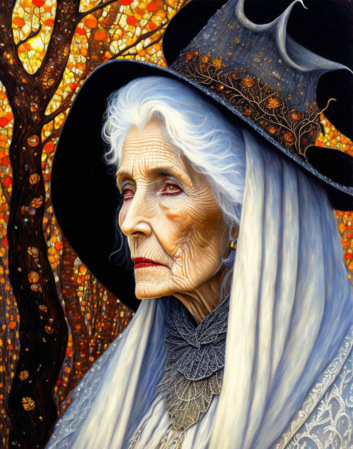 Elderly Woman in Witch's Hat with White Hair and Autumn Trees