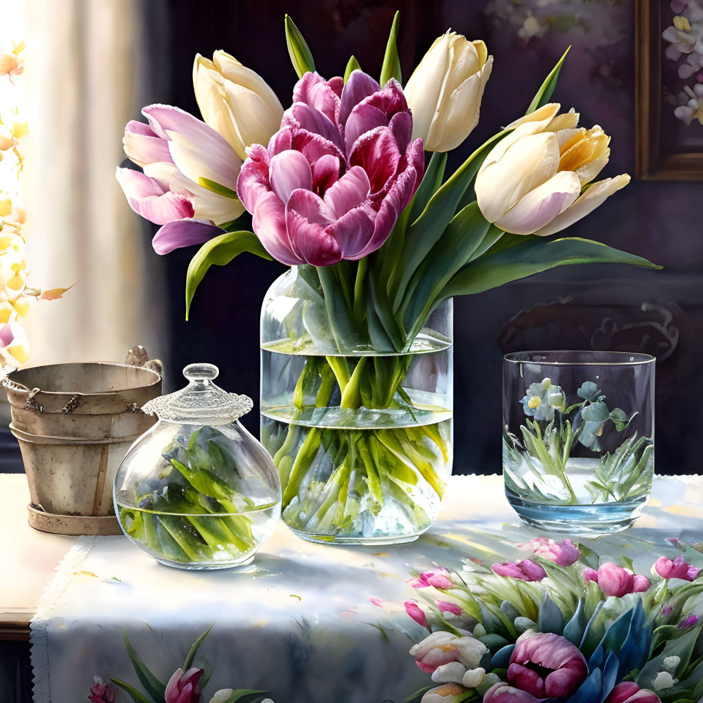 Colorful tulips in glass vases on table with fabric, illuminated by sunlight.