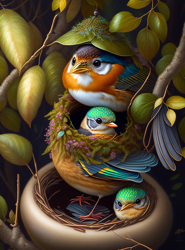 Colorful digital artwork: Three stylized birds with intricate patterns perched by a nest amidst golden leaves