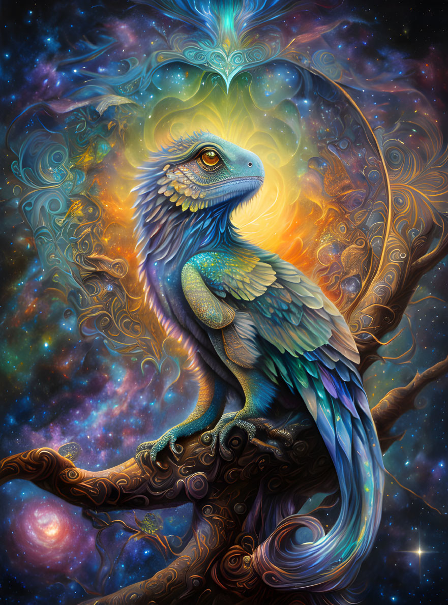 Colorful bird-lizard hybrid on branch in cosmic setting