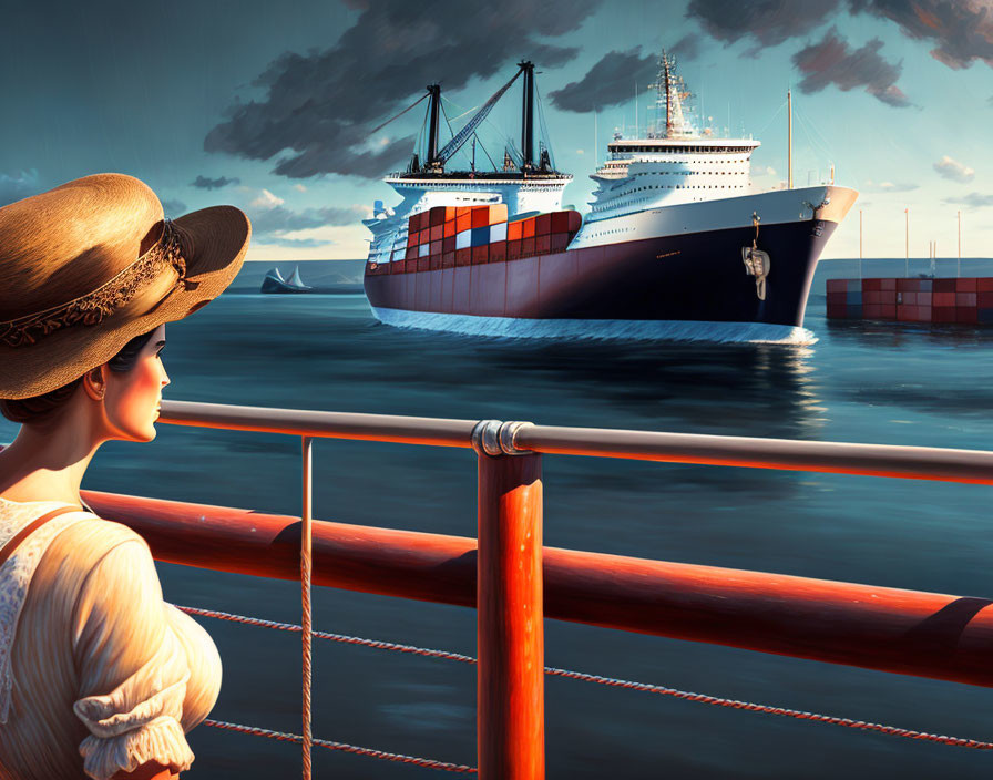 Vintage-dressed woman admires cargo ships on dock with icebergs in the distance