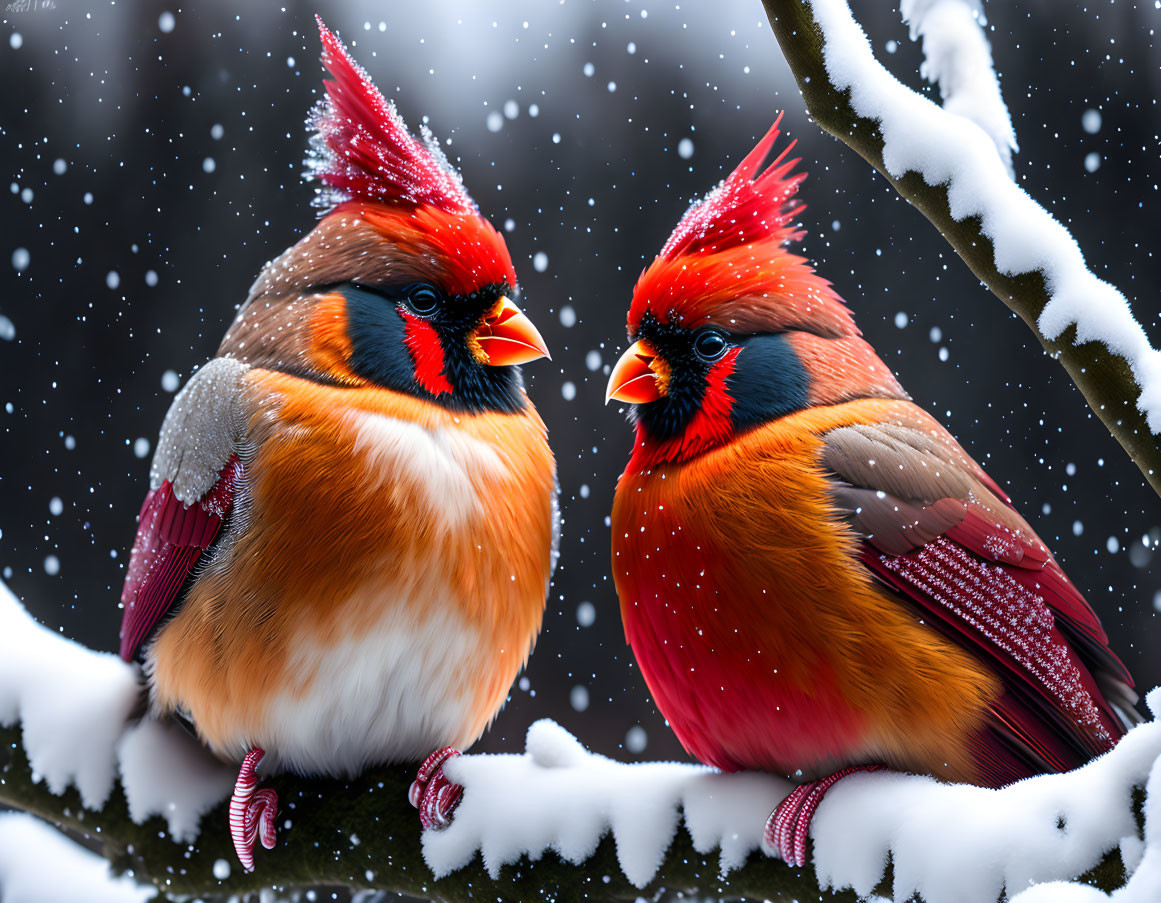 Pair of vibrant northern cardinals on snowy branch with falling snowflakes