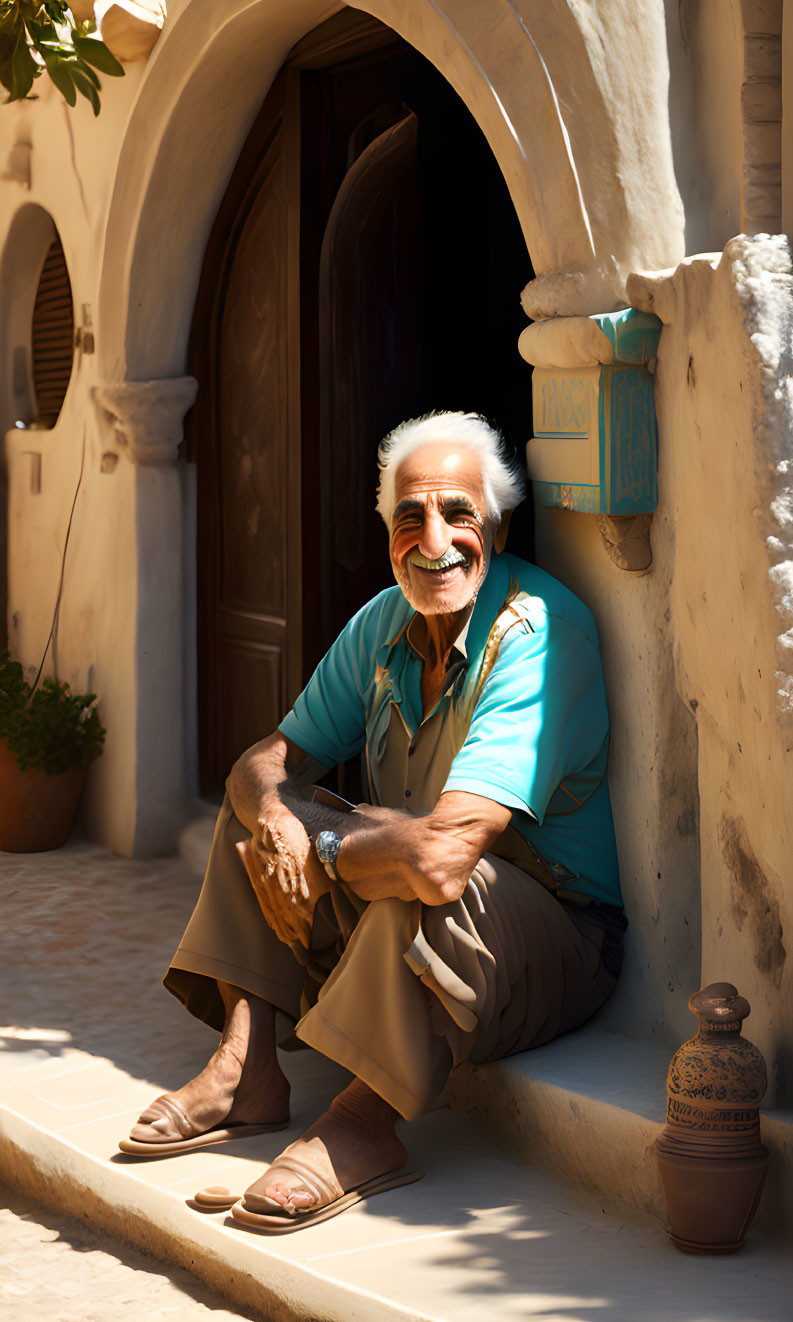 Elderly man smiling on sunny alleyway doorstep