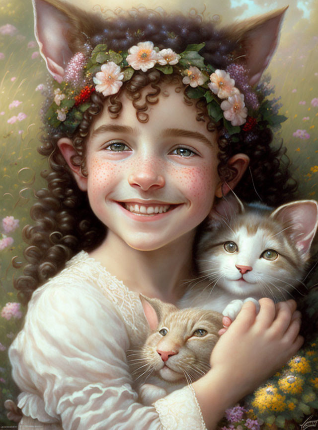 Smiling girl with cat ears holding kittens in flower-filled scene