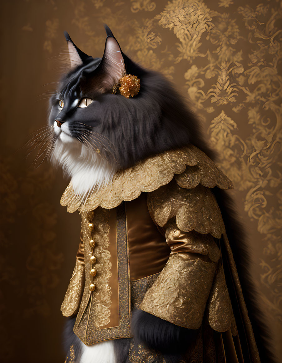 Regal anthropomorphic cat in golden period costume on baroque backdrop