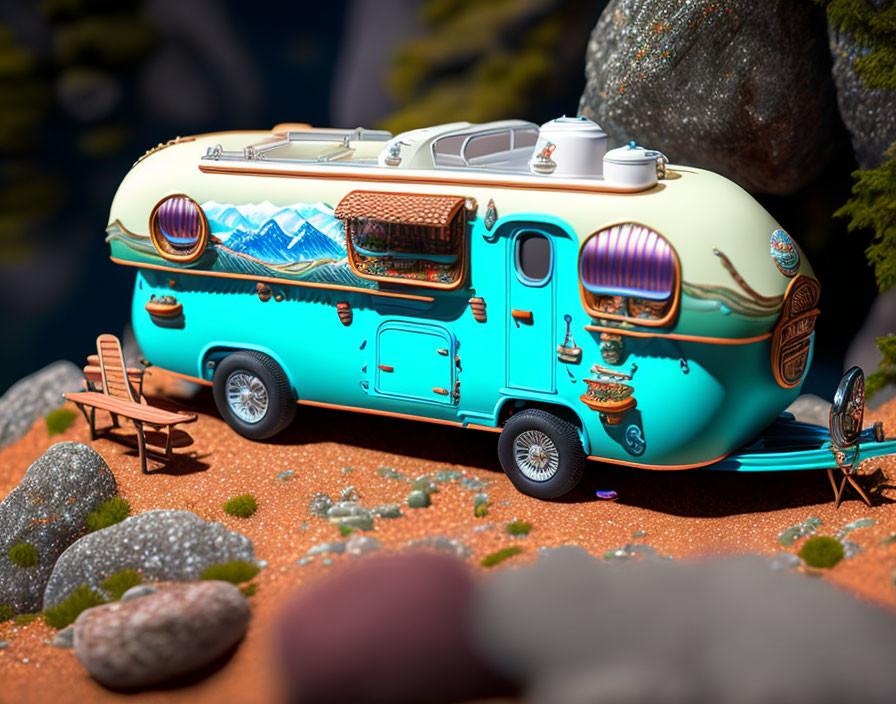 Retro-futuristic camper van with mountain mural, teapot, and bench in rocky landscape