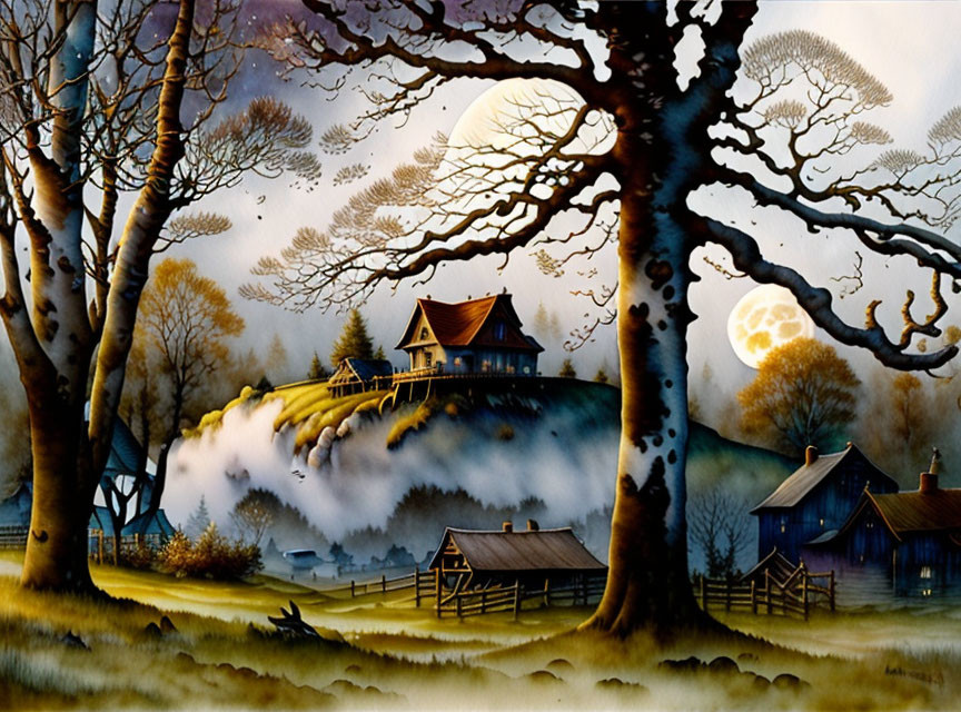 Whimsical countryside painting with gnarled tree and full moon