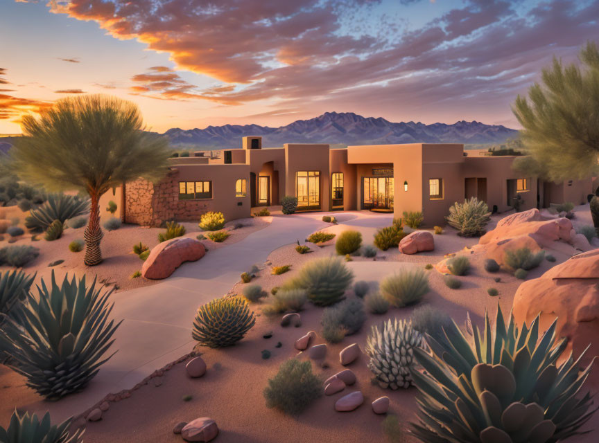 Twilight desert house with cacti, colorful sky, and mountains