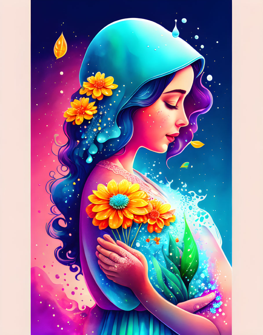 Vibrant illustration: Woman with blue hair and floral crown in cosmic setting.