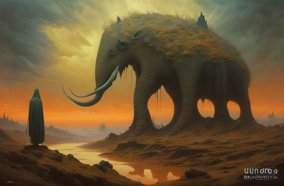 Giant elephant-like creature carries city on its back in fantastical landscape