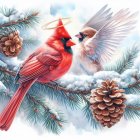 Vibrant red cardinals on snow-dusted pine branches in winter