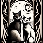 Black and white illustration of two sitting cats with crescent moon, stars, butterfly, and floral frame