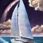 Colorful sailboat illustration on wavy ocean under cosmic sky