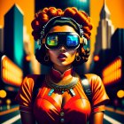 Stylized image of woman in retro-futuristic fashion with large glasses & vibrant colors