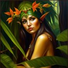 Mystical woman adorned with foliage and jewels in jungle setting