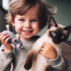 Young boy with Siamese cat and toy mouse.