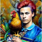 Young man with blue eyes holding rooster on colorful paint background