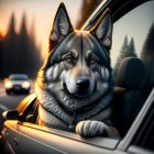 Striking-eyed Siberian Husky in car window at golden sunset