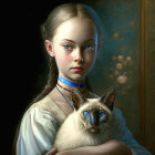 Young girl with two Siamese cats on dark background