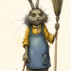 Anthropomorphic rabbit in blue apron with broom and yellow shirt