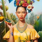 Woman with tropical fruit headpiece and papaya, palm tree backdrop, yellow top.