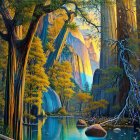 Tranquil forest landscape with tall trees, calm water, stones, and sunlit cliffs