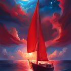 Sailboat with red sails on calm waters under vibrant sunset sky