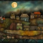 Moonlit Village with Thatched-Roof Cottages and Starry Night Sky