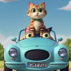 Illustration of green-eyed cat on striped coat sitting on light blue car.