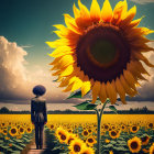 Child in Blue Coat Admiring Giant Sunflower in Magical Landscape