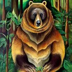 Brown bear standing in dense forest foliage