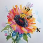 Colorful Watercolor Painting of Large Flower and Bees