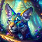 Colorful Fantastical Cat in Enchanted Forest with Glowing Lights