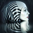 Zebra-striped female mannequin head half-submerged in water