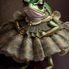 Anthropomorphic frog in blue and gold tutu with bow - whimsical expression